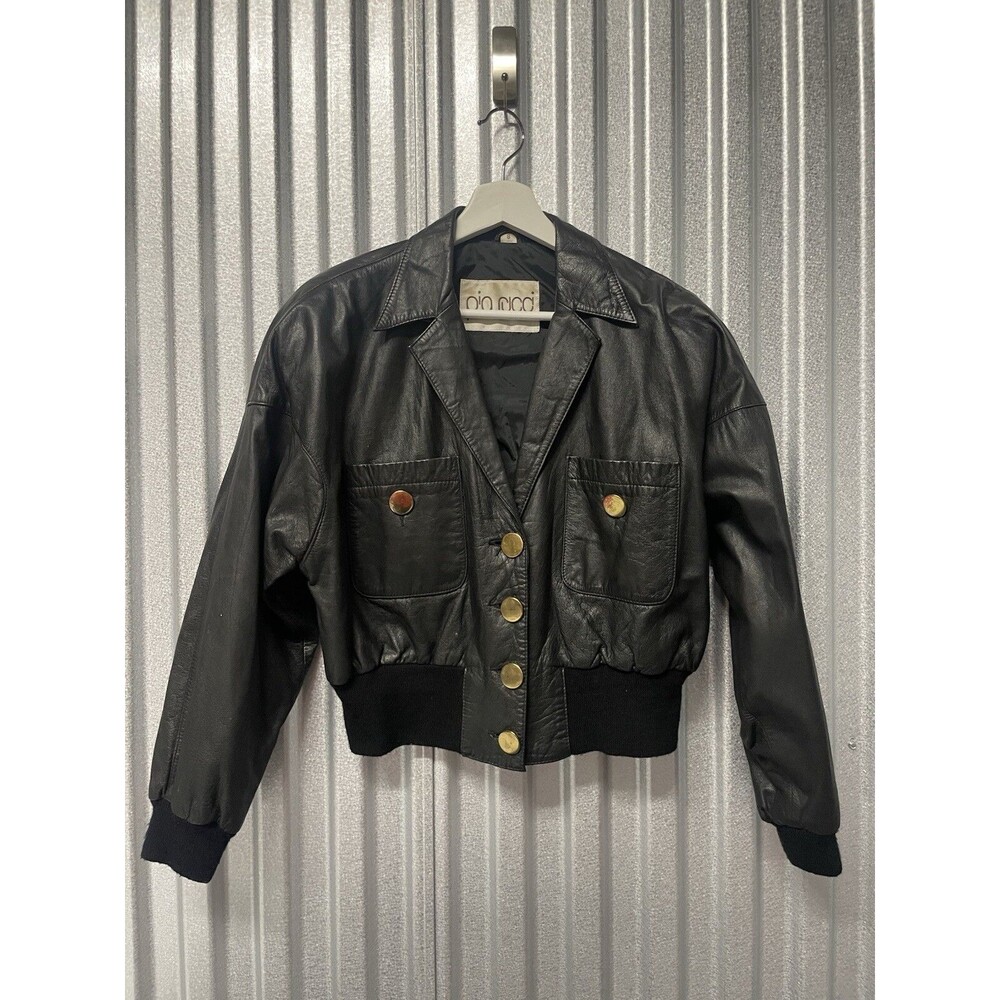 Vintage Leather Jacket Pia Rucci Black  Shoulder Pads Button-Up Bomber Style M